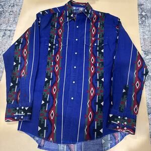 Wrangler Men’s Western Cowboy Pearl Snap Shirt Blue Southwest Aztec Medium VTG